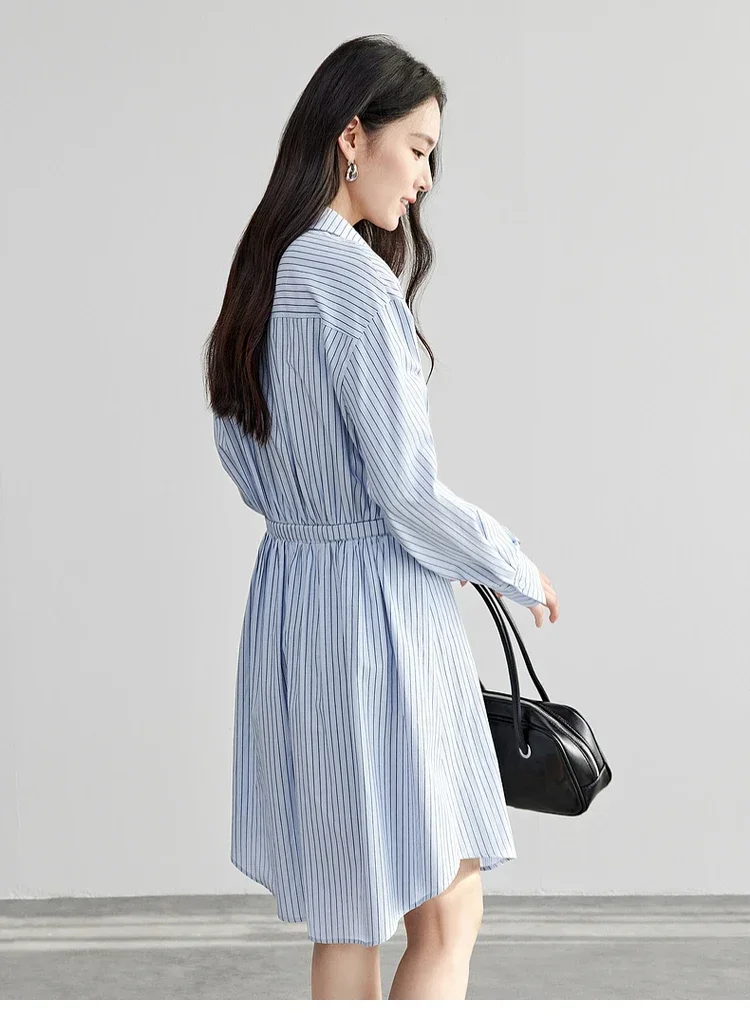 فساتين SENTUBILA النسائية المخططة للمكتب للسيدات على شكل حرف a من القطن بياقة مقلوبة وأكمام طويلة فستان ميدي مع حزام 2025 151L58148 #2