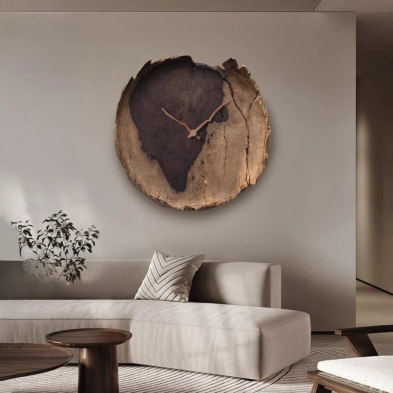 

Log wabi silent wind living room decorative painting wood grain sofa background wall with wall clock wall lamp entrance