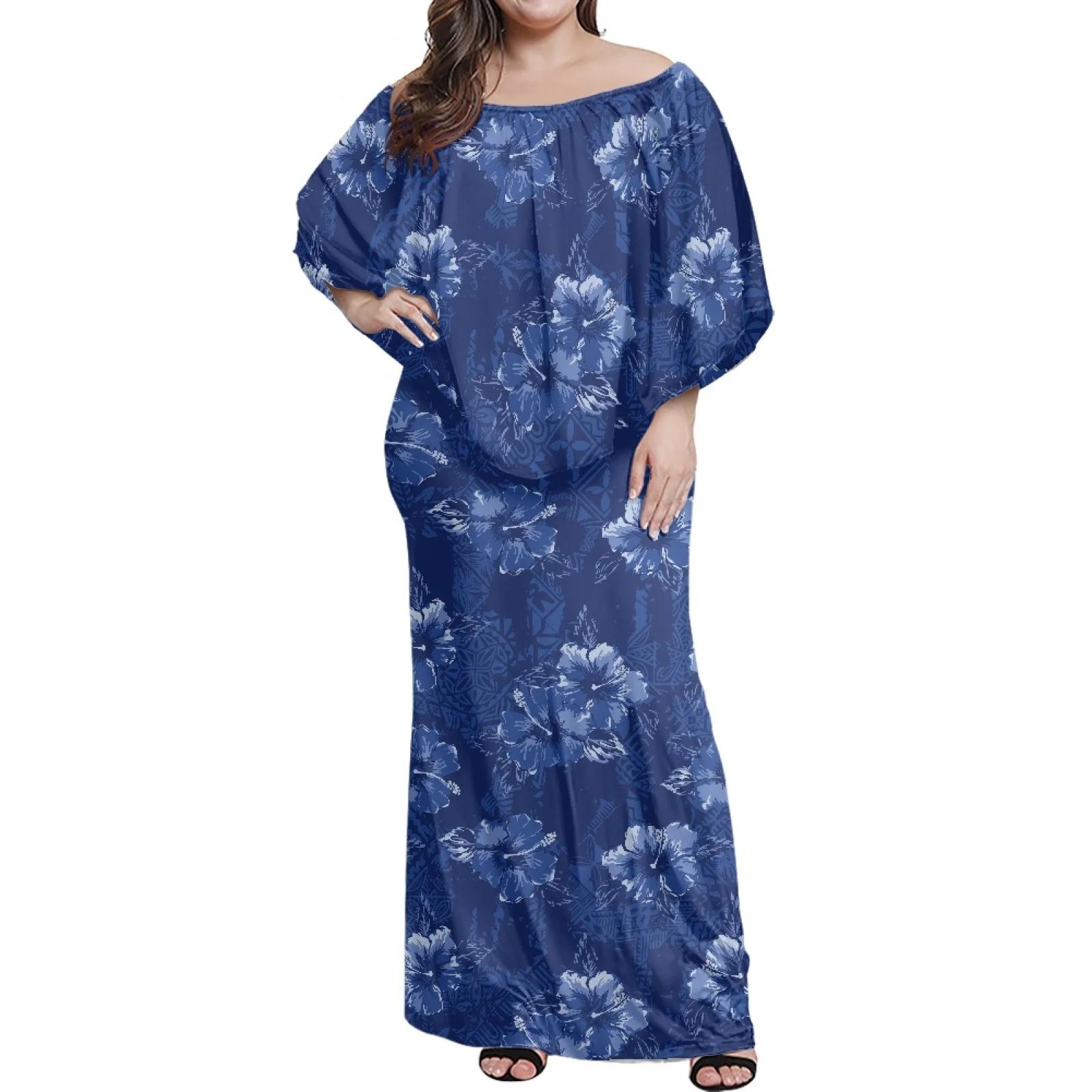 New Design For Winter Hawaiian Floral Trendy Dress Off The Shoulder Maxi Evening Gown Polynesian With Shawl Wome Ponchos Dress