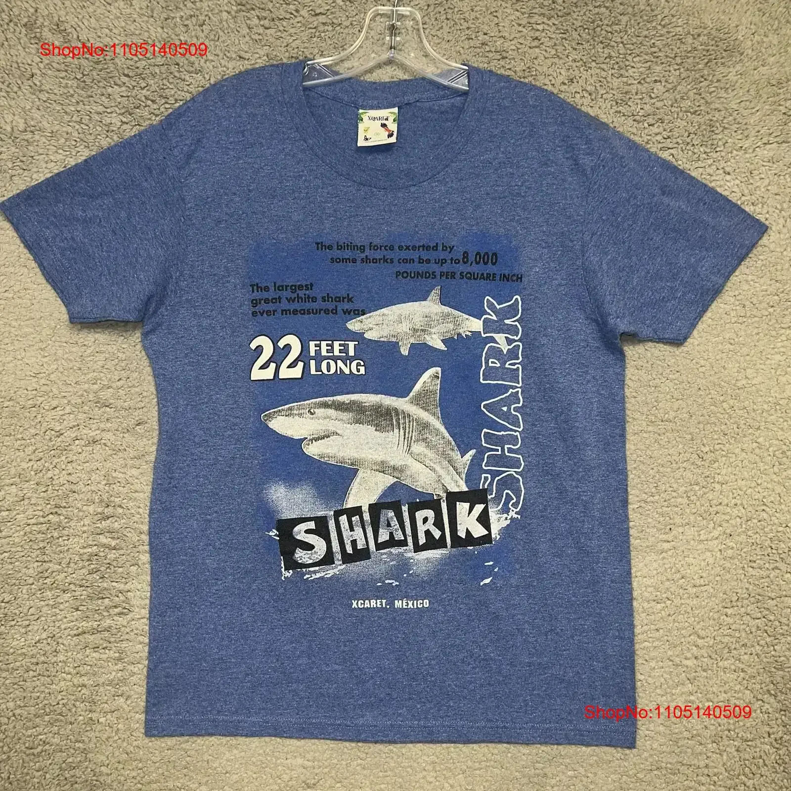 Camiseta VTG Xcaret Mexico Shark para hombre talla M azul jaspeado 22 pies de largo vintage lavado elegante Casual suave versátil cómodo