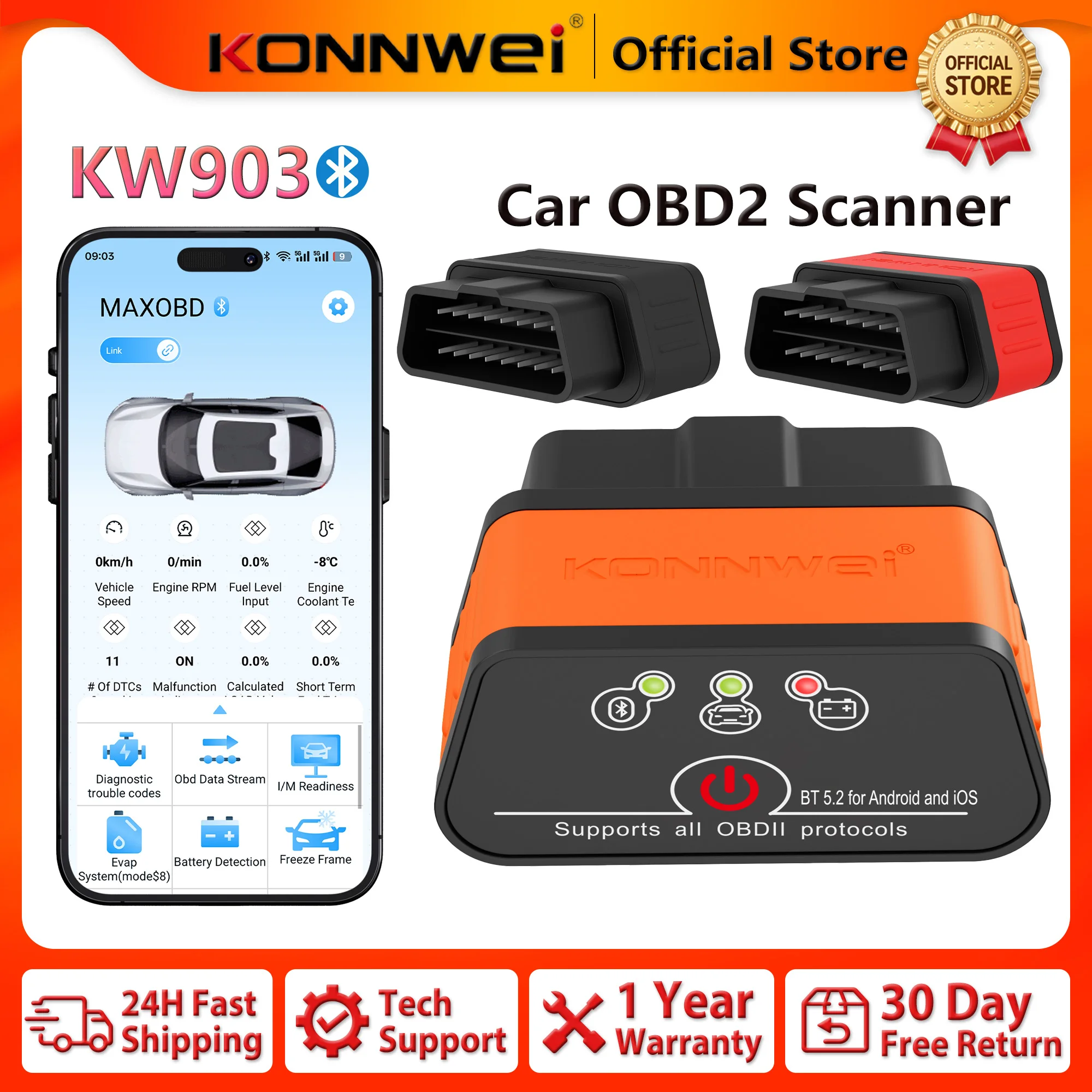 2026 KONNWEI KW903 ELM327 V1.5 OBD2 Scanner Bluetooth 5.0 OBDII 12V Car Diagnostic Tool for Android/iOS Code Reader pk Vgate ICA