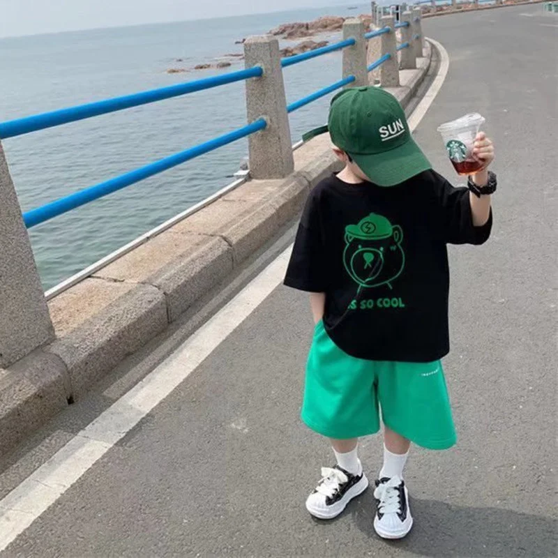 Summer Handsome Cool Kids Boy Casual Cartoon Bear Print Trendy Children's Pure Cotton T-shirt Short Sleeve Toddler Tees Han Fan