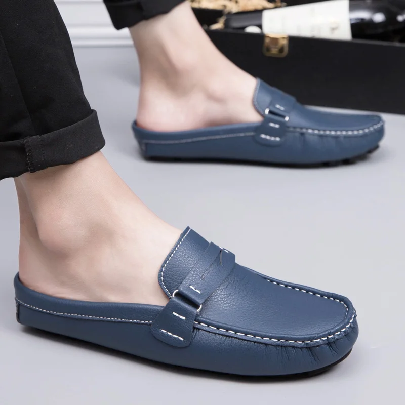 2022 Men Half Shoes Casual Luxury Brand Italian Handmande Slipon Men Driving Shoes Leather Summer Comfort Slippers Loafers White