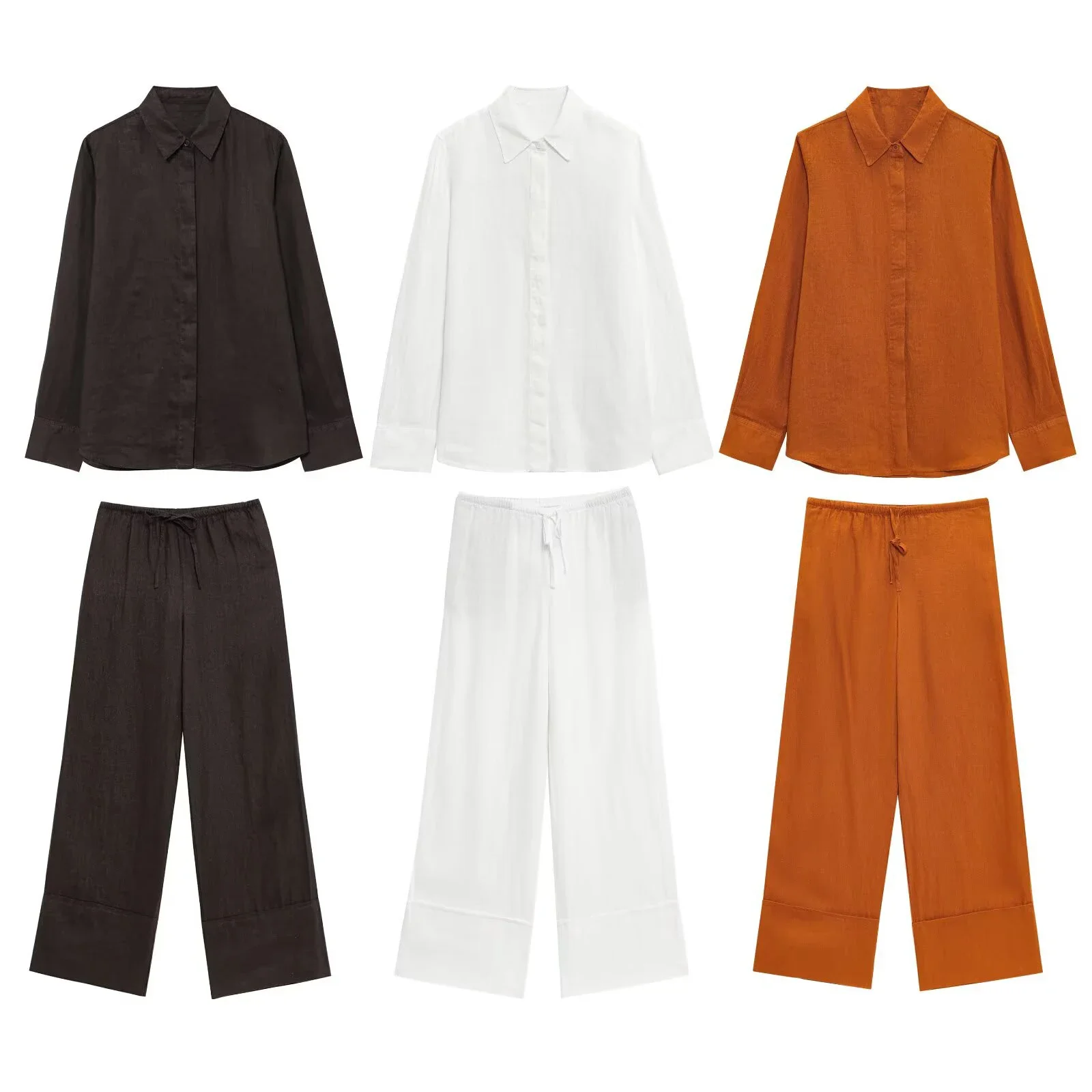 

LIBIELIY Women's Casual Loose Outer Long Sleeved Lapel Shirt High Waisted Pants Solid Color Temperament Summer New Shirt Top