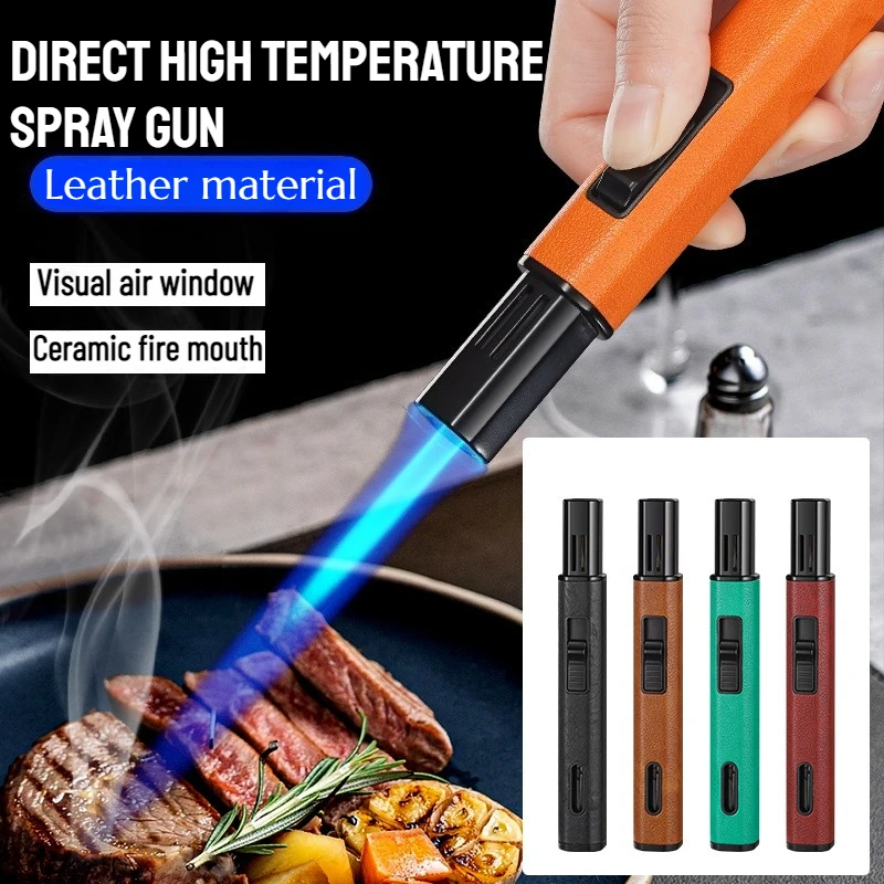 

2025 New Handheld Long Straight-pull Spray Gun Lighter High-end Leather Body Windproof Blue Flame Cigar Outdoor Igniter Portable