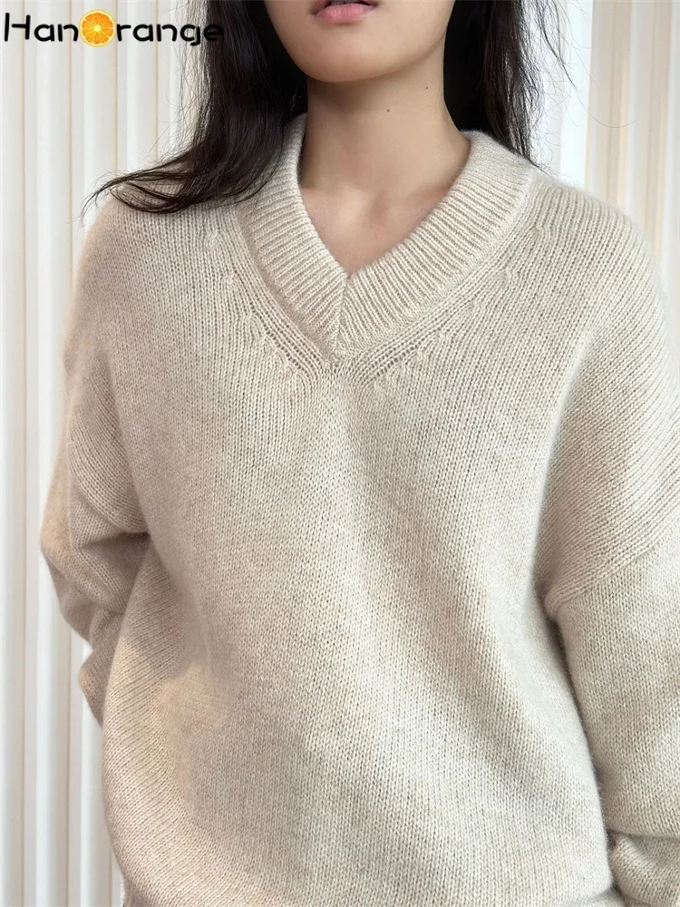 HanOrange 2024 Winter Lazy V-neck Silhouette Wool Sweater Women Soft Loose Knitting Top Apricot/Orange/Purple