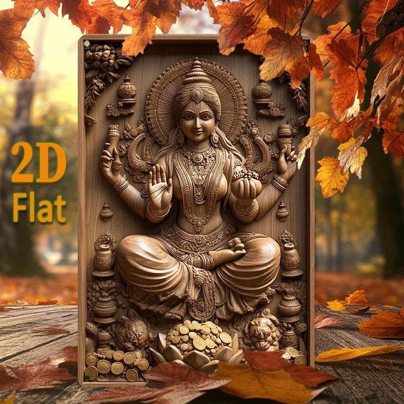 

Artistic Goddess Lakshmi Aluminum Wall Sculpture with Golden Coins - Elegant 2D Flat Design for Stylish Bedroom, Home Decor