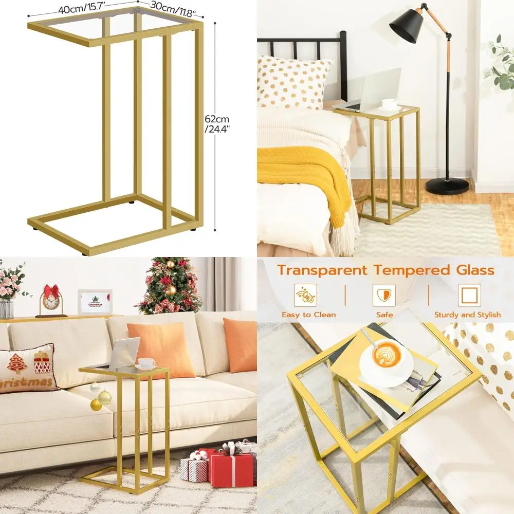 

Pair of C-Shaped Glass End Tables with Metal Frame for Modern Living Spaces, Gold GD03SFP201