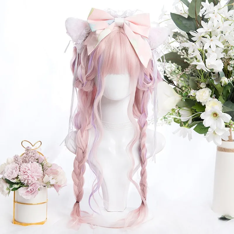 

Fluffy Harajuku lolita pink purple mixed color bubble face curly wig Japanese soft girl long curly hair