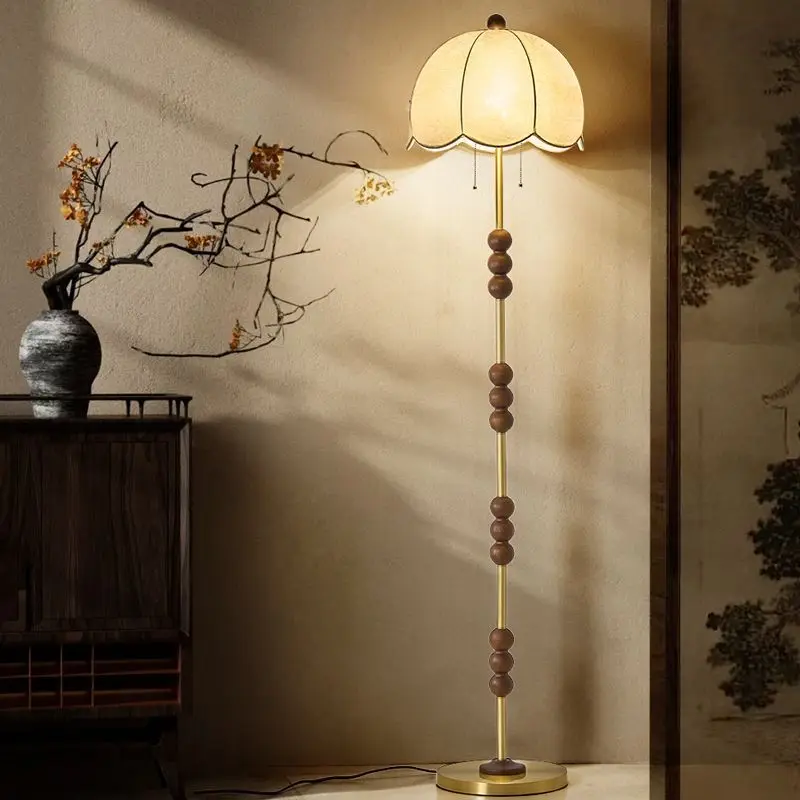 Mid Century New Chinese Zen Style Solid Copper Wood Standing Lamp Song Dynasty Aesthetic for Bedroom