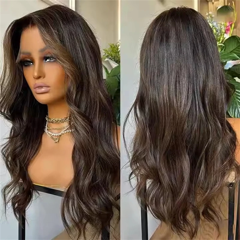 Balayage Dark Brown Highlights Lace Front Wig for Women Ready to Wear HD Glueless Wigs Crimped Curls Synthetic Wig Women's Wigs
