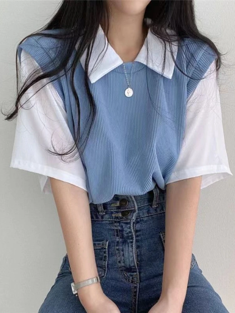 

Summer Blouse Women Korean Style False Two-piece Polo Collar Blouses Y2k Tops Streetwear Loose Youth Pullovers Elegant Shirt