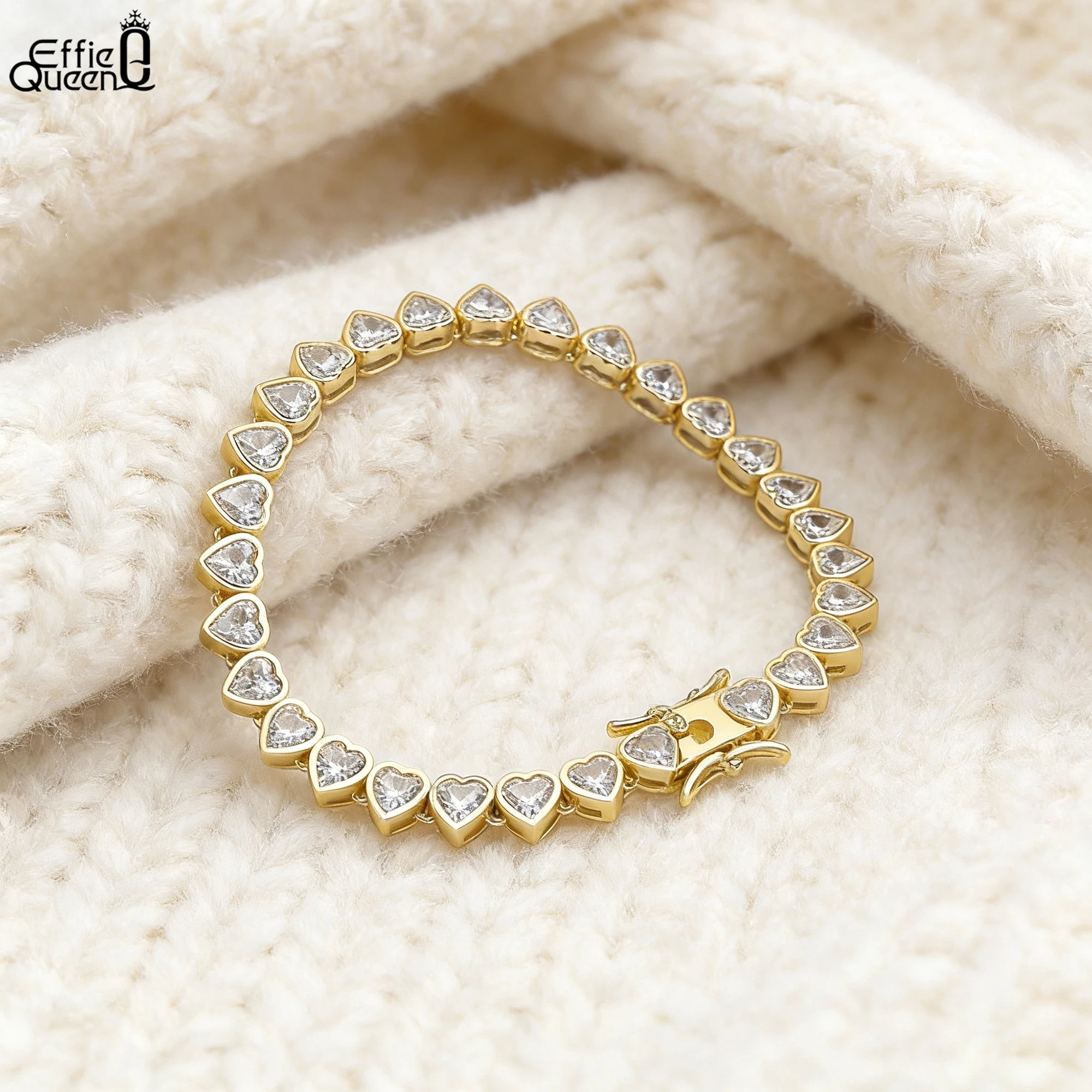

EFFIE QUEEN S925 Pure Silver 14k Gold Heart Zirco Tennis Chain Bracelet Romantic Jewelry for Women, Men Valentine's Gift SB202