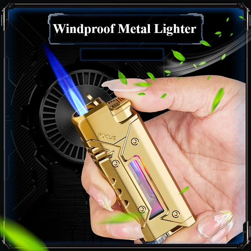 

Cool Marquee Metal Windproof Lighter Blue Straight Flame Transparent Air Window Men's Gift Gadget Cigarette Accessories