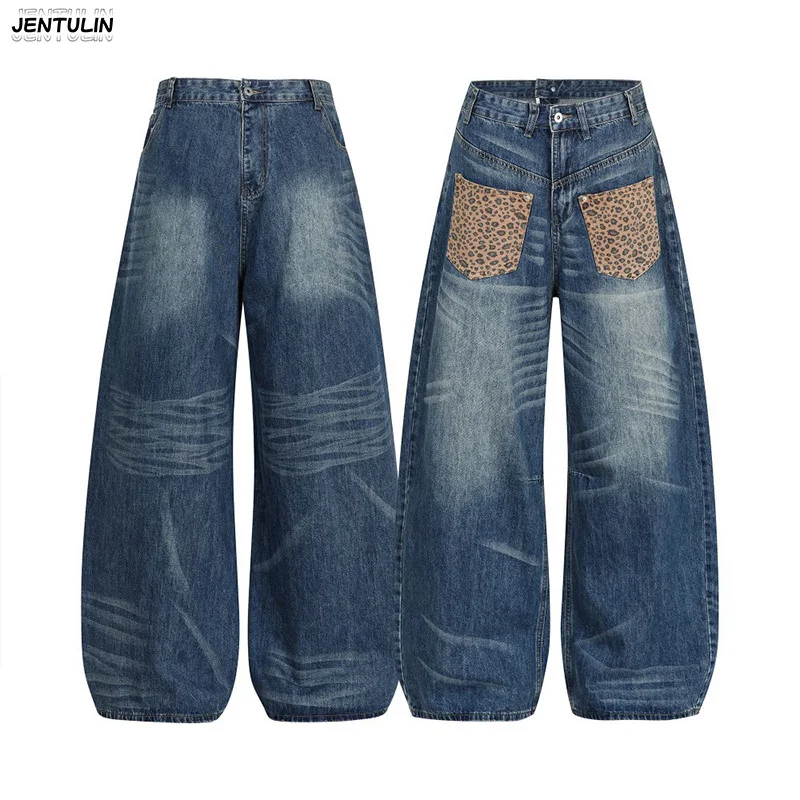 

American Retro Curved Knife Jeans With Leopard Print Pockets Distressed Washed Wide Leg Banana Pants Loose Fit Women's Clothing