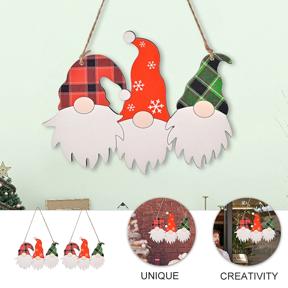

2pcs Wooden Christmas Door Hanger Decor Santa Claus Holiday Festival New Year Decorationred Green Lightweight Natural Color