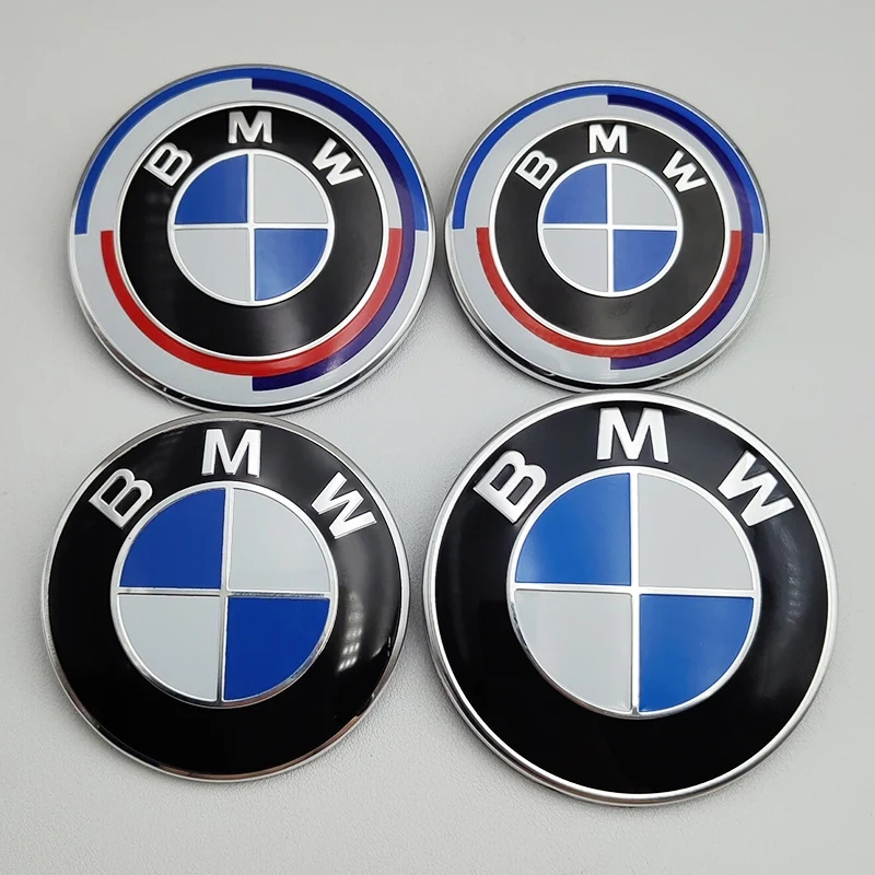 7pcs BMW Emblem Set 82mm 74mm 45mm 56mm 68mm Car Front Hood Logo Rear Trunk Badge Wheel Center Hub Caps Steering Wheel Sticker