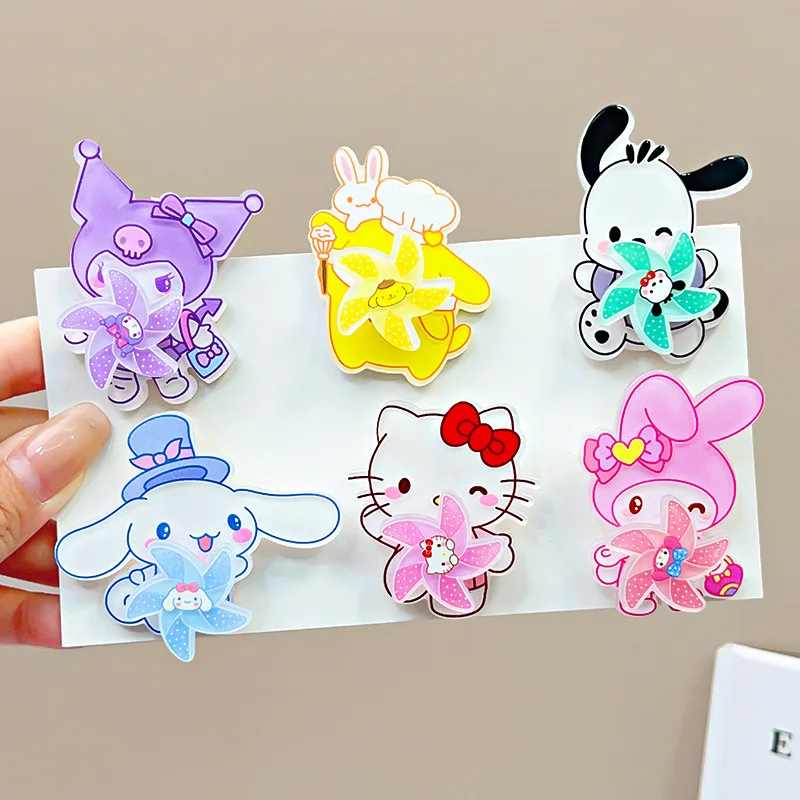 Creative Sanrios Grls Hairpin Hello Kitty Kuromi Cinnamoroll Pochacco My Melody Children Rotating Windmill Hair Clip Accessories