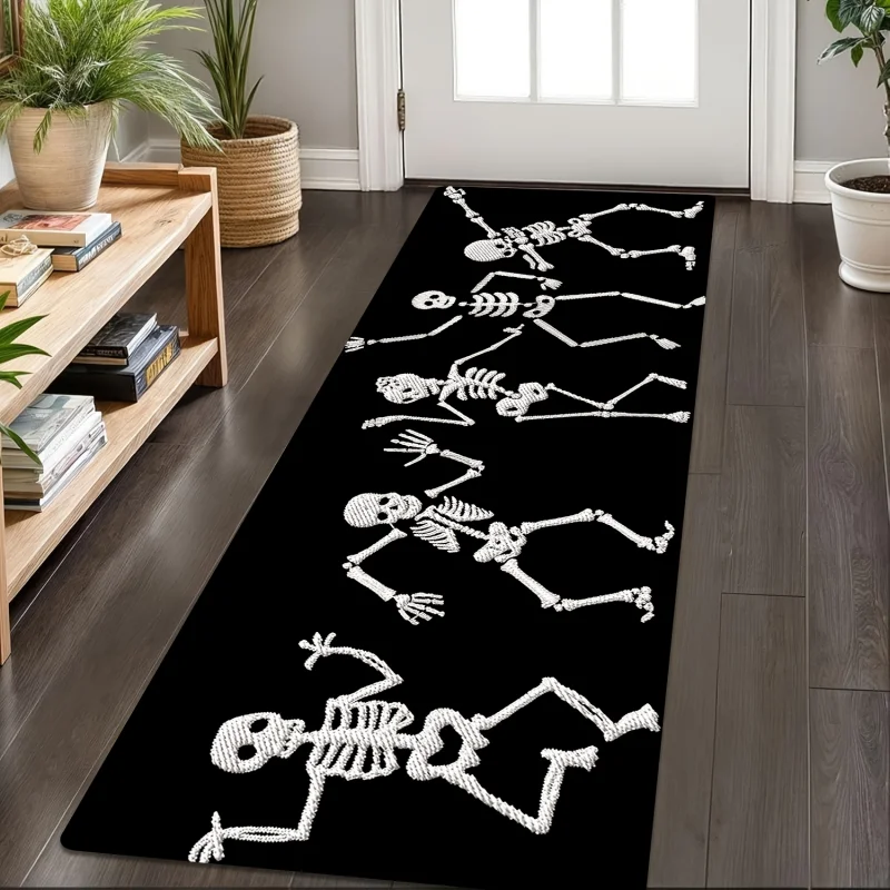 VIKAMA Dancing Skeleton Runner Rug Halloween Decor Non Slip Long Floor Mat Black White Pattern Kitchen Hallway Entryway Carpet