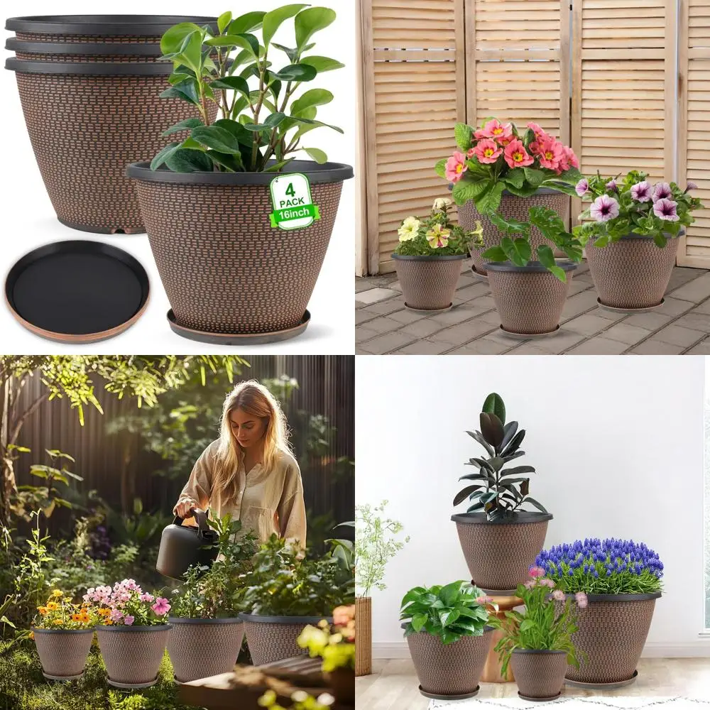 

16 inch plant pots, large planters for outdoor plants set of 4, round plastic flower pots with drainage holes & trays, modern de