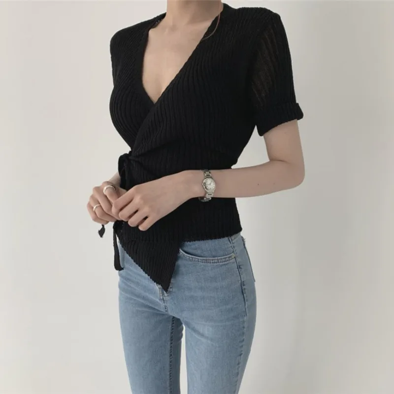 Deeptown Short Sleeve Criss Cross Women\'s Knit Cardigan V Neck Basis Knitwear Summer Korean Fashion Elegant Sweater Old Money