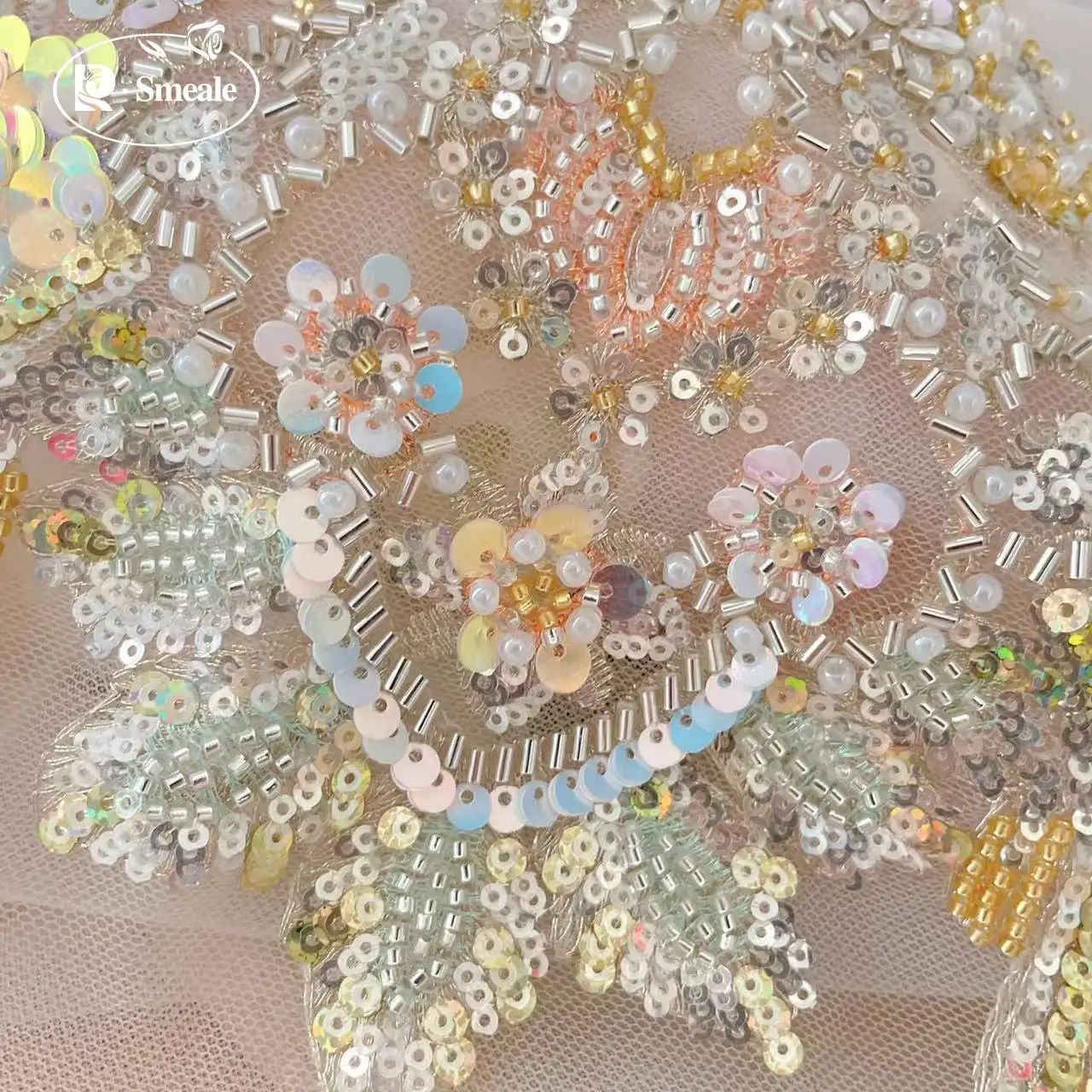 Pailletten-Perlen-Stickerei-Spitzenkopfbedeckung, Kostüm-Hanfu-Gürtel, Champagnergold-Fischschuppen, Bühnenkostüm, RS24609 – Detail 4