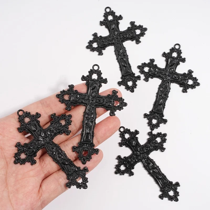 2Pcs Gothic Matte Black Hollow Flower Relief Cross Pendant DIY Necklace Earrings Bracelet Making Accessories