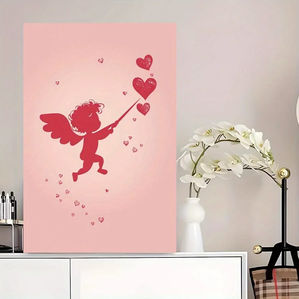 Valentine's Day Cherub Red Heart Pink Background Frameless Canvas Painting Wall Art for Living Room Bedroom Whimsical Home Decor