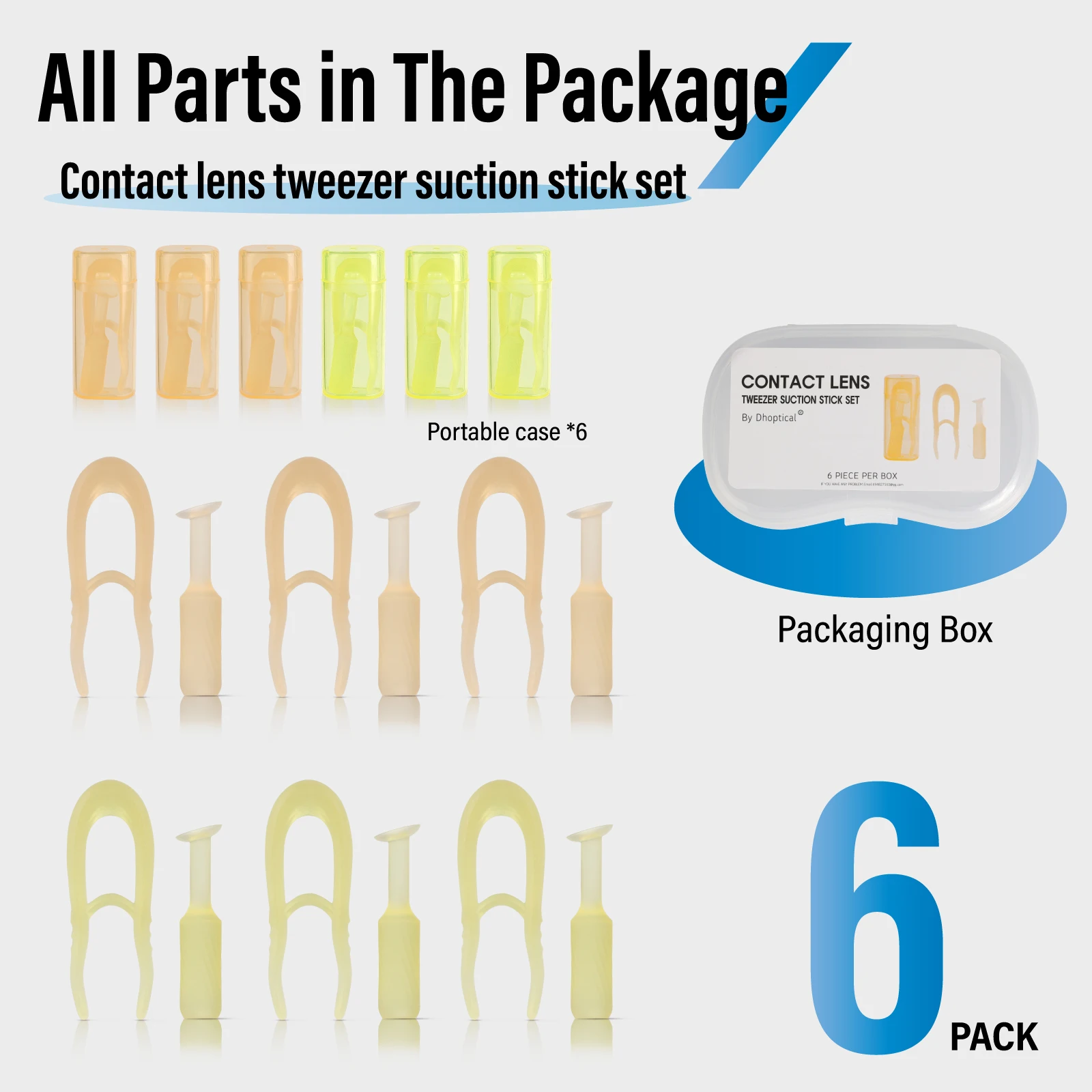6-Pack Contact Lens Removal Tool Set, Tweezers & Suction Stick Combo for Daily Contact Lenses Colored Contacts & RGP Lenses