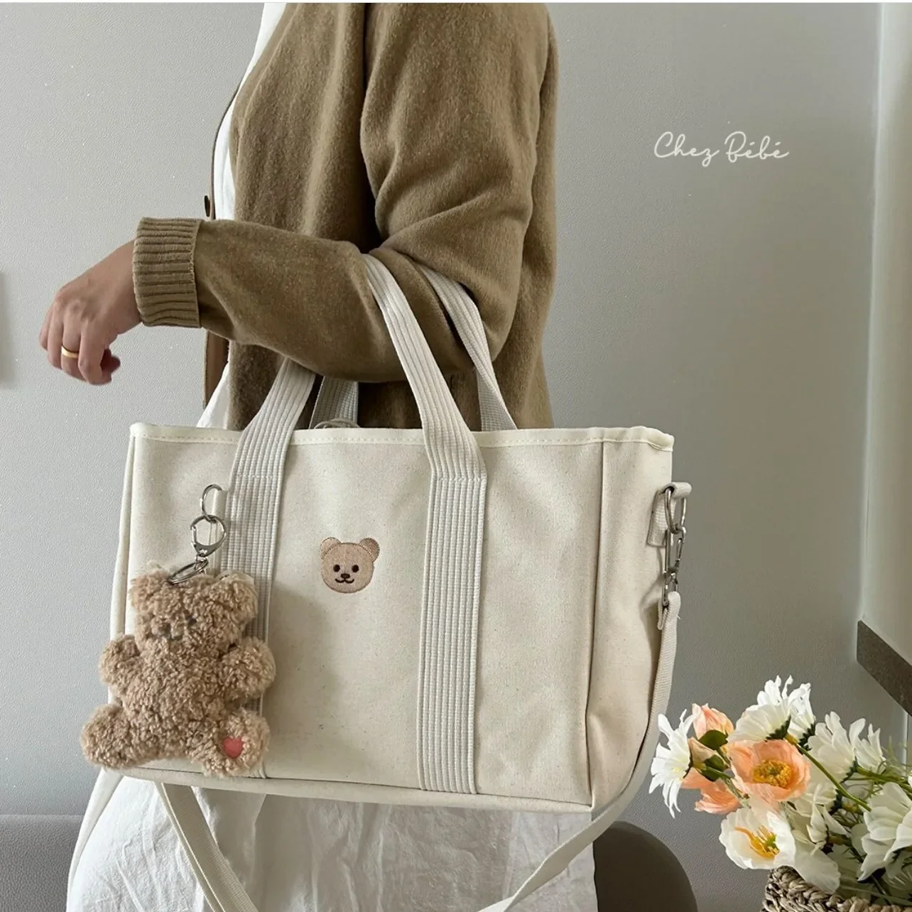 Large Drawstring Storage Multi-functional Tote Walking Mother and Baby Bag Embroidery Bear Canvas Bag Outing Bag