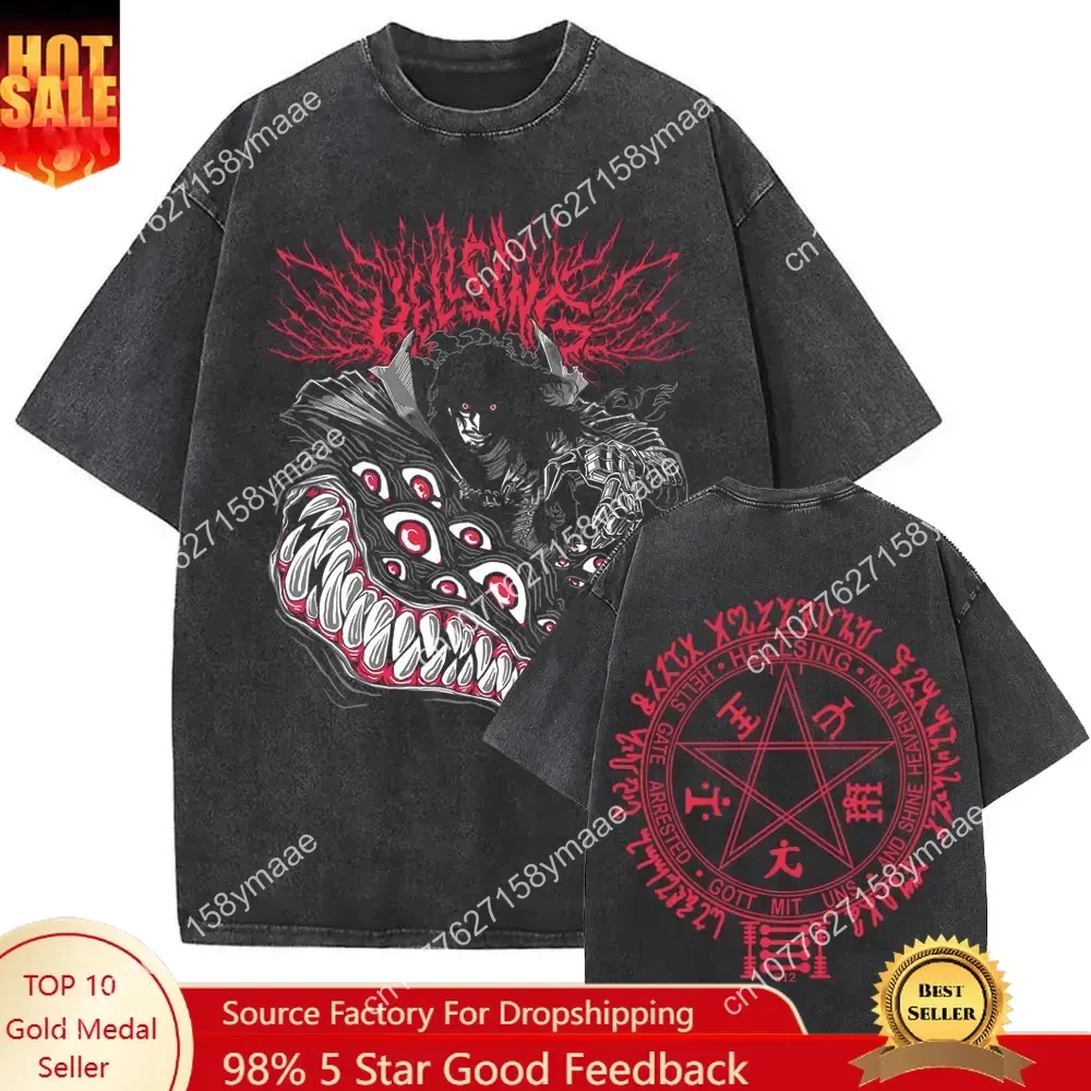 

Washed Vintage Anime Hellsing Abraham Van Helsing Vampire Alucard Double Sided Print T-shirts Men Women's 90s Manga Oversized T