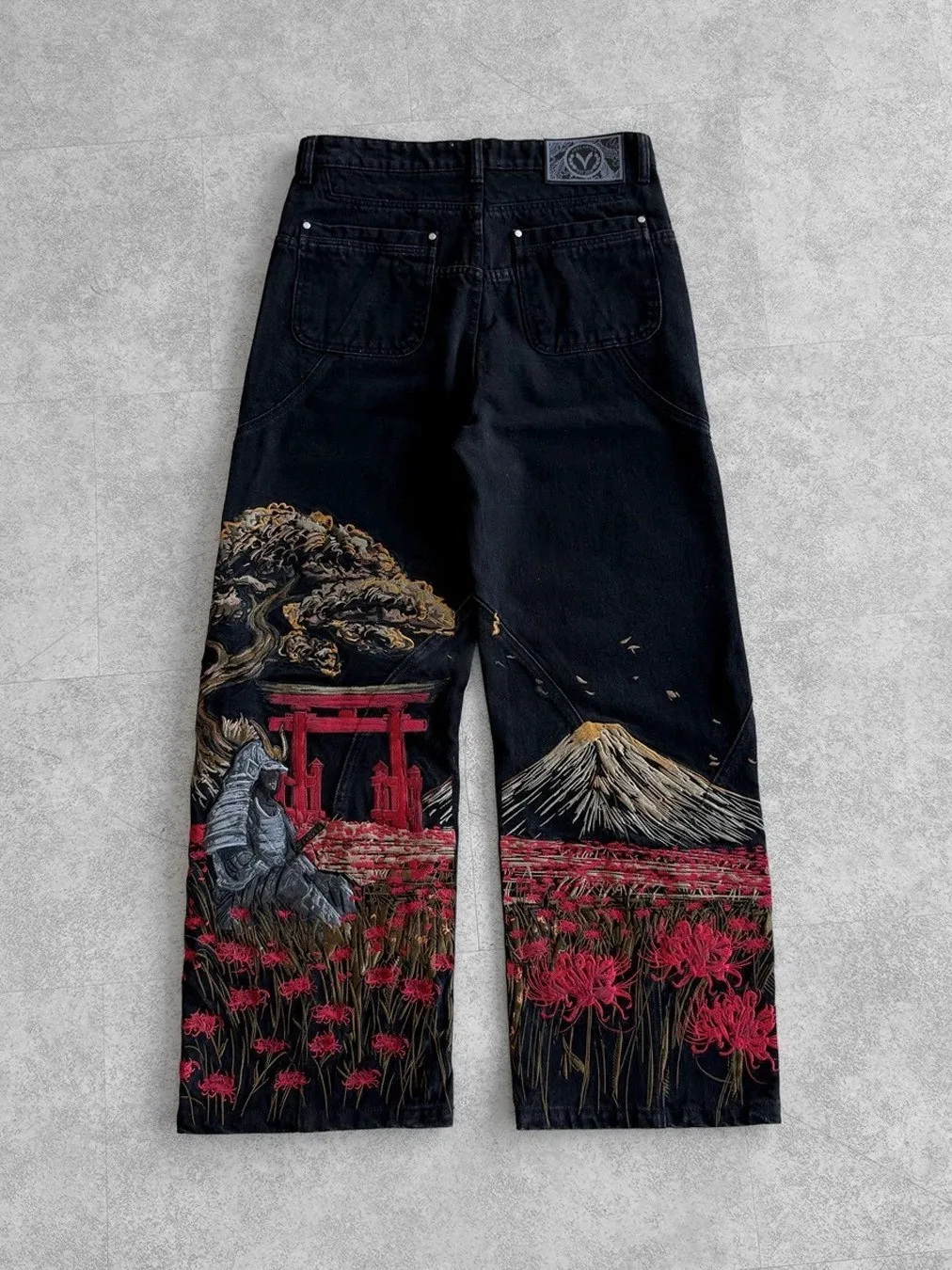 Heavy Embroidery Wide Leg Samurai Denim Jeans Women's Cross-Border Hip Hop Long Trousers Cotton High Waist Straight Cut