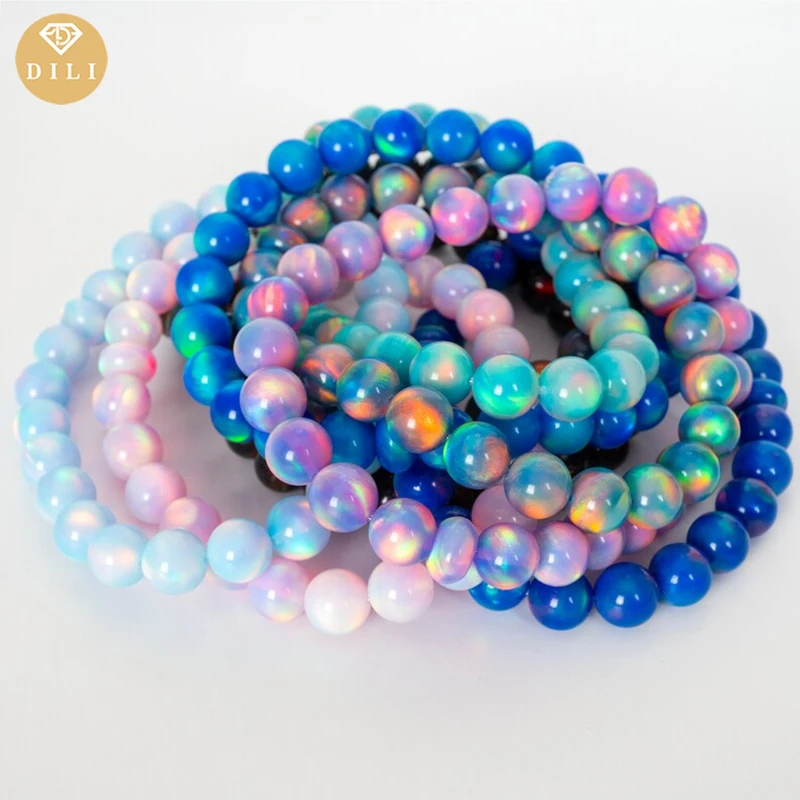 Aurora Color Oparex Nebula Opal Bead Bracelet, Synthetic Ball Shape Aurora Opal Stone Bracelet