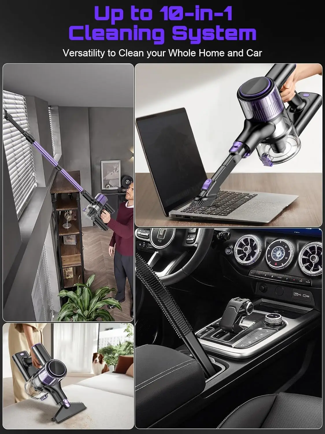 Aspiradora inalámbrica, 40Kpa/500W/45min 10 en 1, potente aspiradora ligera para pelo de mascotas en el hogar/suelo duro/alfombra