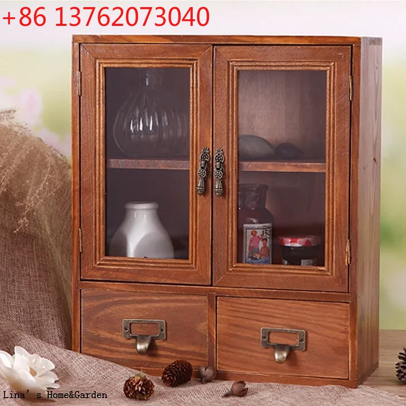 

Cute Beautiful Handmade Tabletop Standing Vintage Wood Mini Cabinet with Doors Drawers