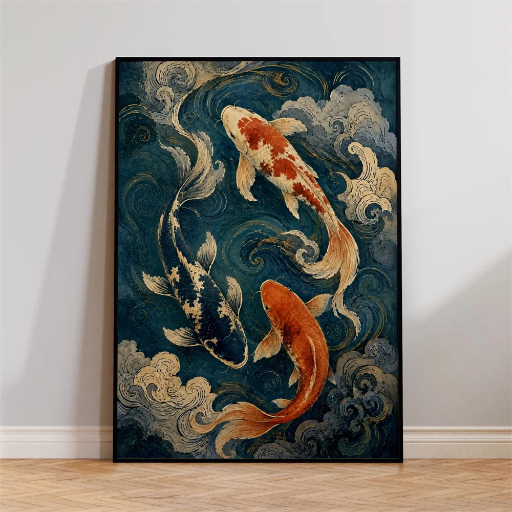 Japanese-style Crane Poster Featuring A Blue and Gold Color Scheme, Vintage Ukiyo-e Aesthetic, and Bird-themed Wall Art