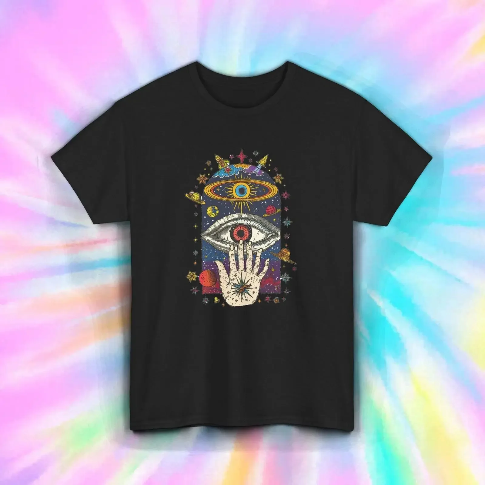 Psychedelic Third Eye T Shirt Surreal Galaxy Hand Trippy Cosmic Portal S 5XL vintage Washed Versatile Stretched fashion Soft