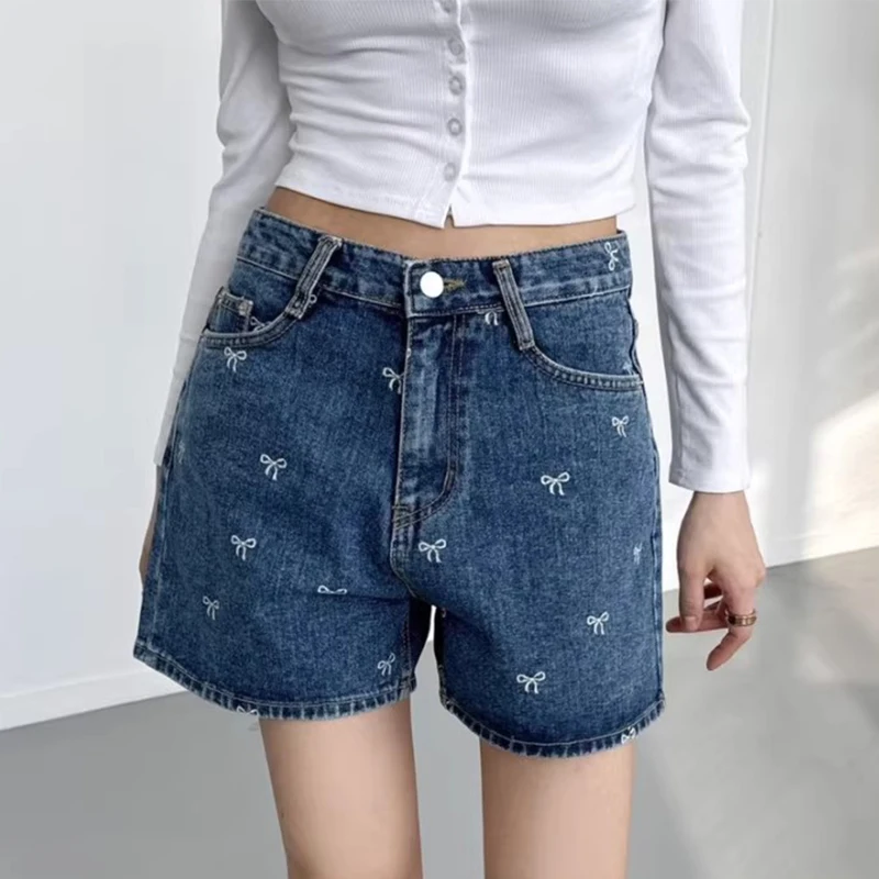 

Chic Summer Vintage High Waist Versatile Embroidered Knot Print Casual Wide Leg Denim orts Women's Faion