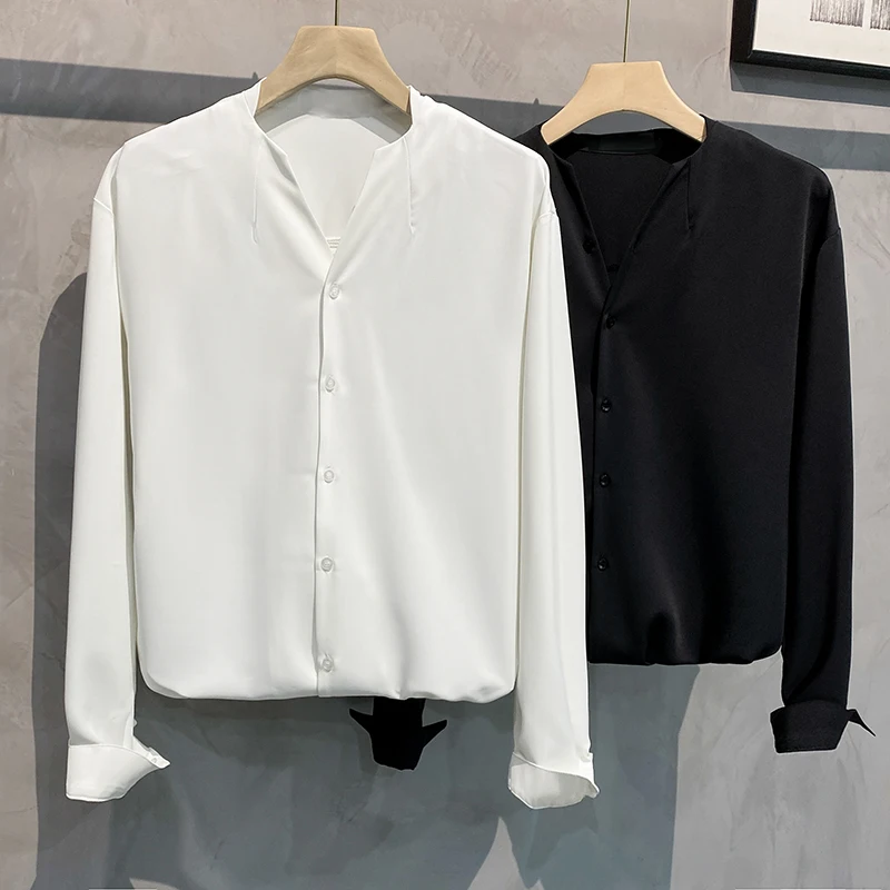 

Loose Fit Long Sve V-Ne White irt Men's Japanese Harajuku BF Sle Trendy Casual High-End Feeling Color irt