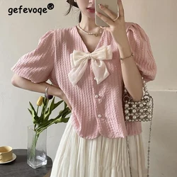 Women Stylish Bow Sweet Chic Luxury Beads Button Shirts Elegant V Neck Short Sleeve Blouses Female Solid Loose Kawaii Fairy Tops