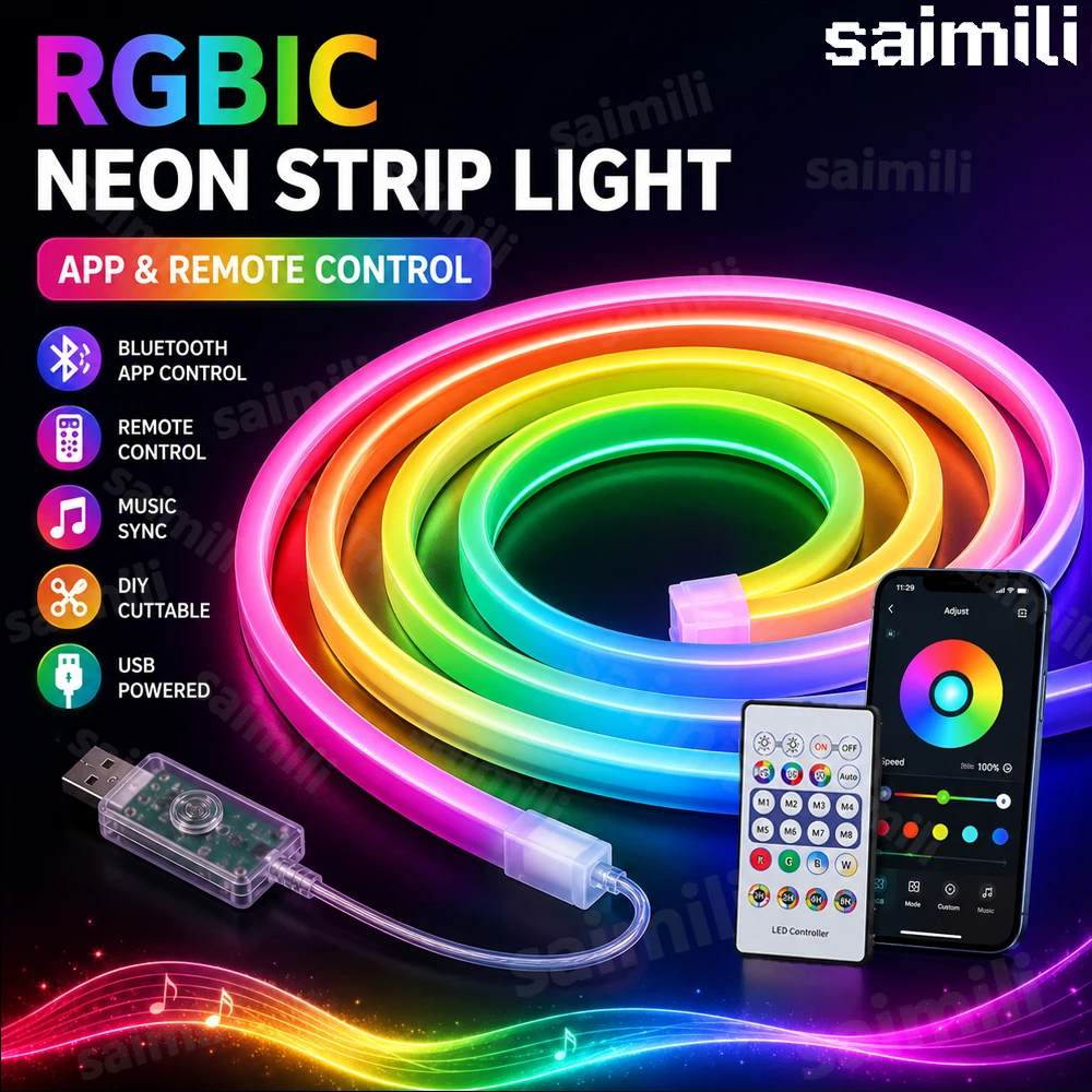 USB RGBIC Neon LED Strip Waterproof Flexible Tape Bluetooth APP & Remote Control Music Sync For Home Atmosphere Decor Lighting