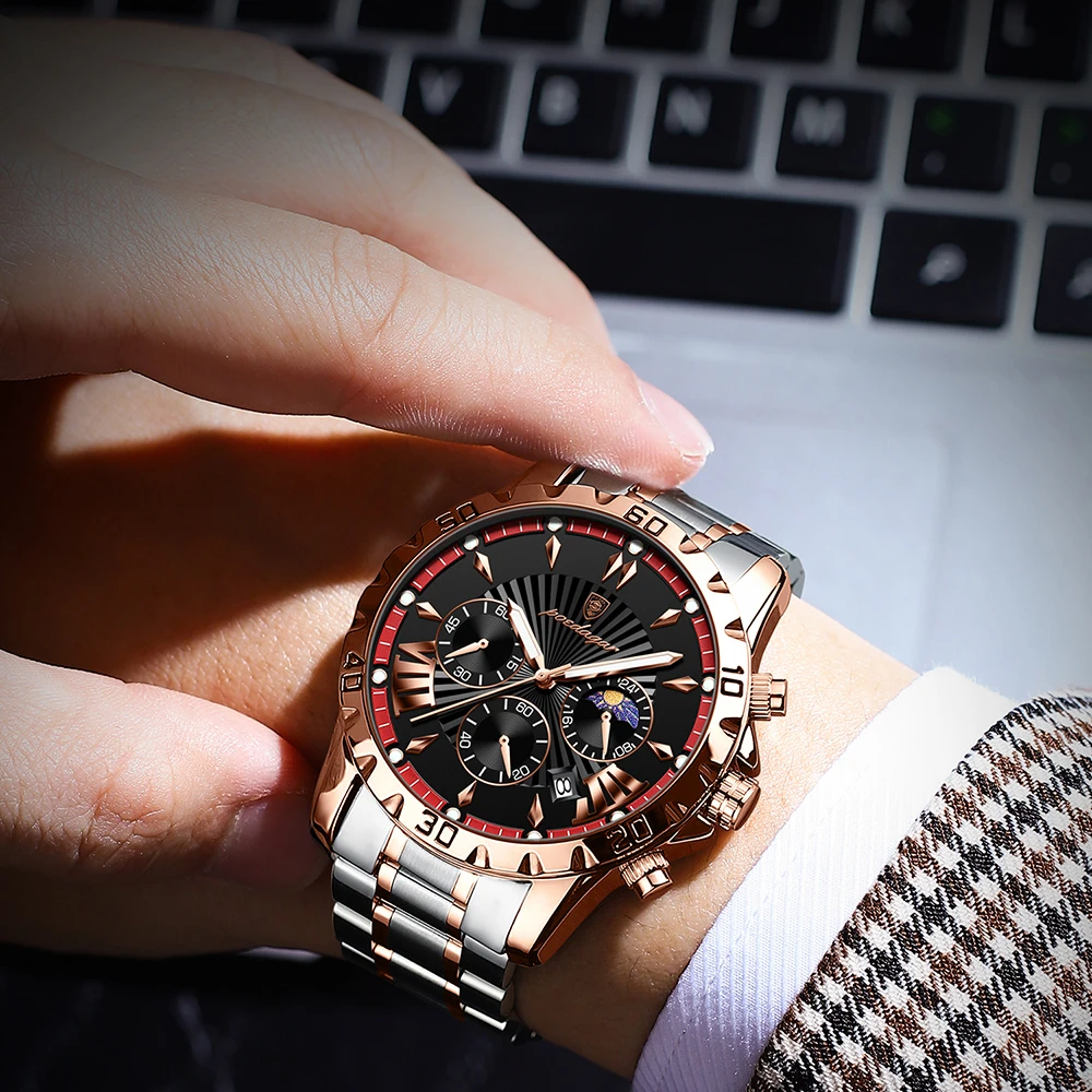 POEDAGAR Luxury Military Watch For Men Waterproof Luminous Chronograph Date Man Wristwatch Stainless Steel Quartz Men's Watches