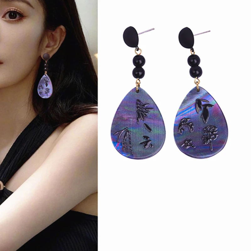 Retro Water Droplets Earrings Geometric Printed Long Drop Earring for Women New Chinese Style Fashion Jewelry Romantic Gifts