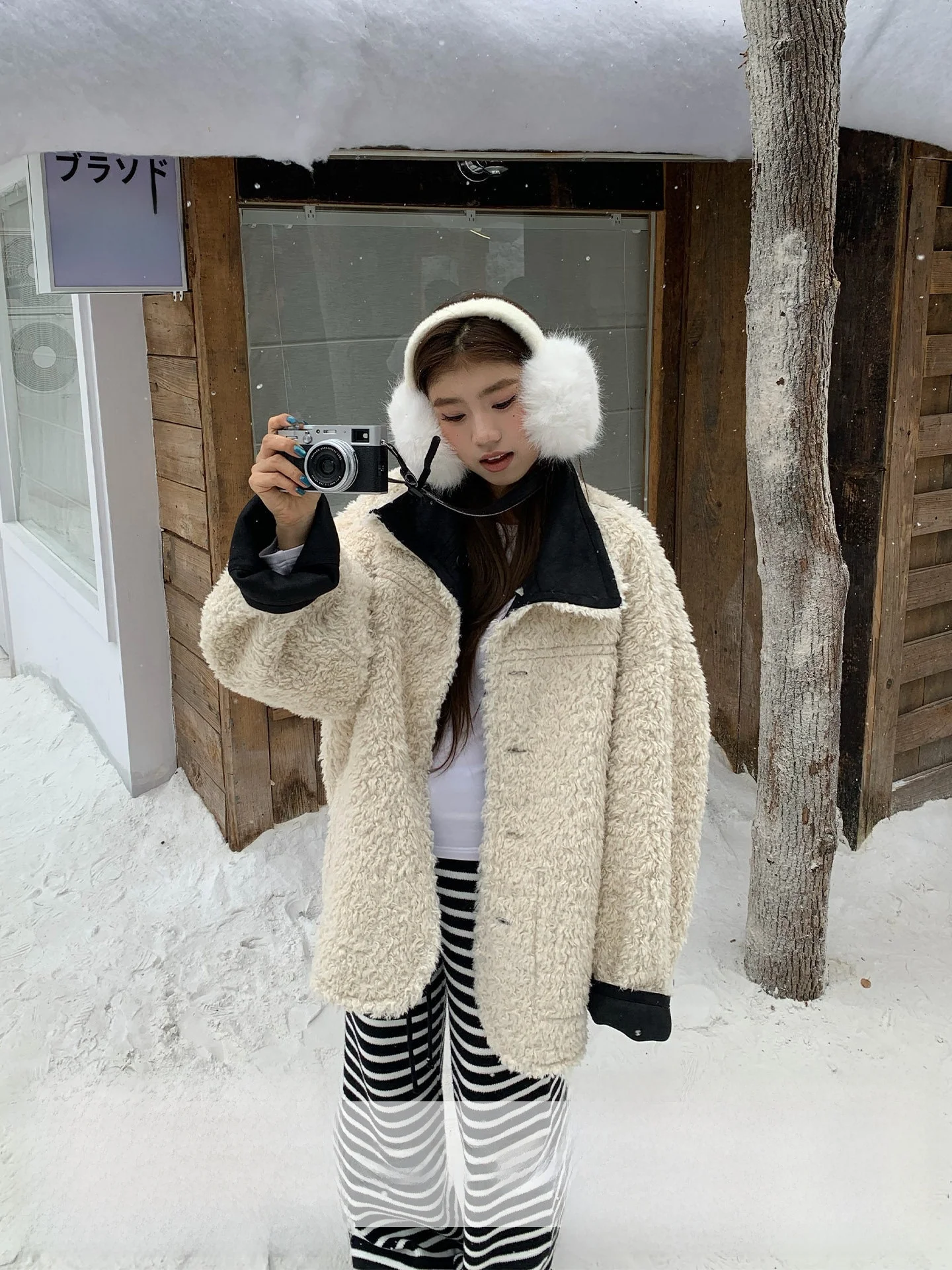 

Retro Color Blo Double Sided Wear Cotton Jaet Women's Loose Fur Leather Inteated Top Orange Tree Where Vintage Coat