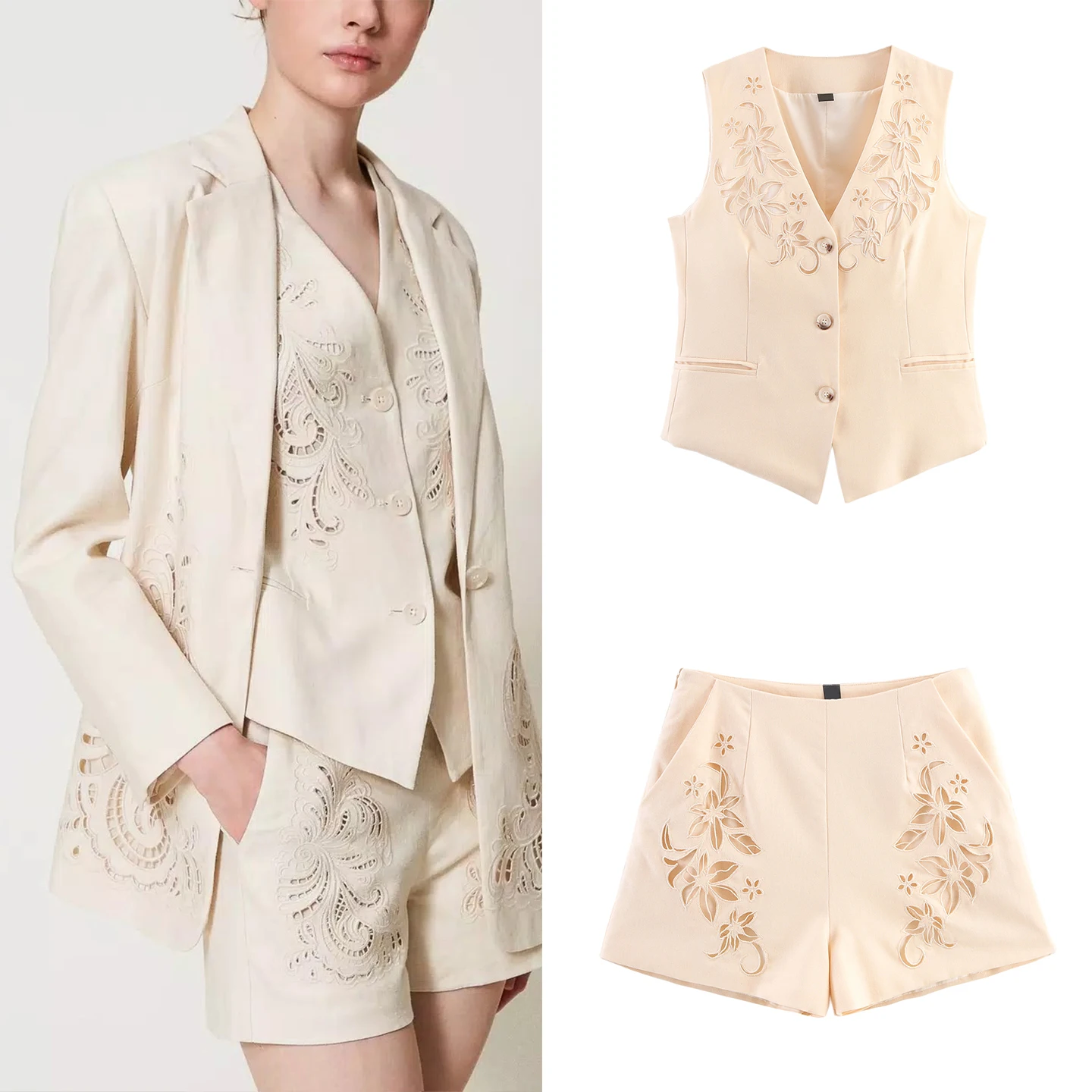 

2025 Summer New Women's Sle Embroidered Cotton Linen Hollow out Vest Top And orts Two Piece Set Long Sve V Ne Button...