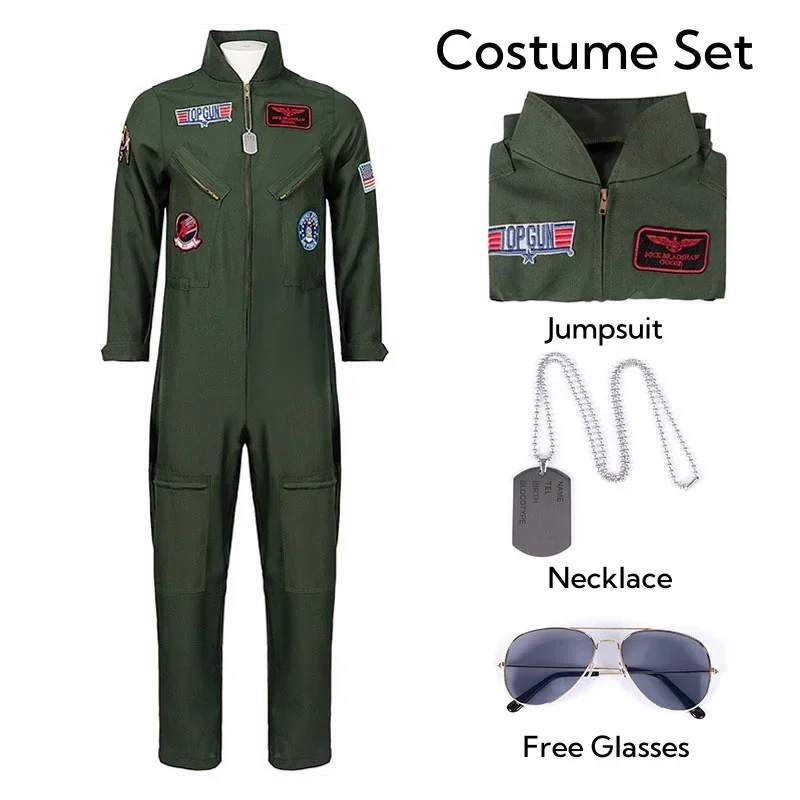 Adult Kids Pilot Costume Air Force Flight Suit Roleplay Dress Up with Aviator Accessories Men Army Green Military Pilot Jumpsuit