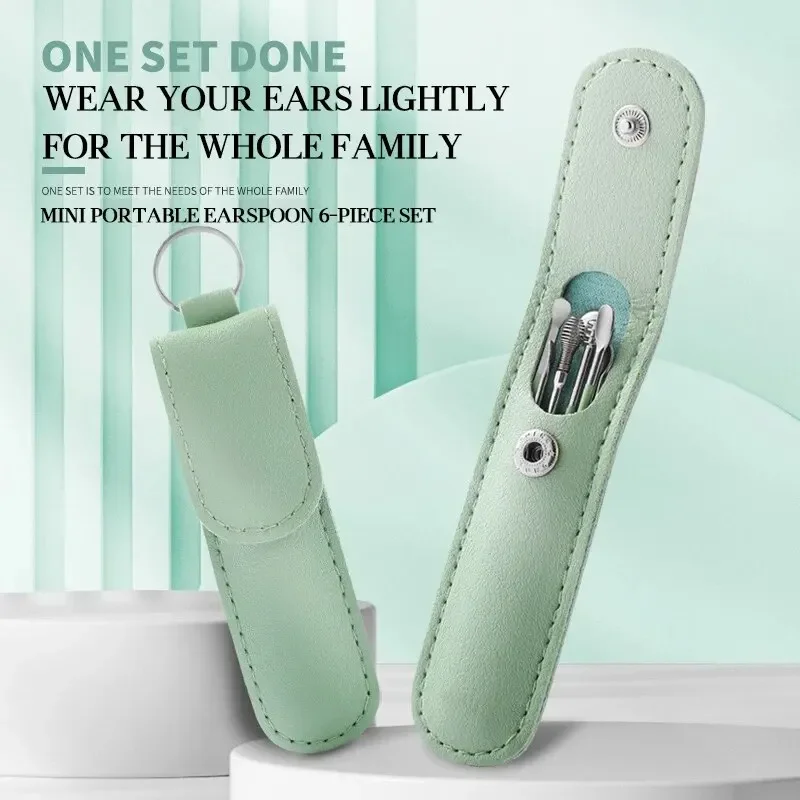 이어스푼 6종 귀이개 도구 스테인리스 스틸 귀이개 스푼 가죽 가방 귀 청소 스푼 가정에서 휴대하기 쉬움
