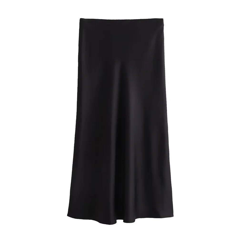 UNIZERA2024 summer new casual women\'s clothing simple and fashionable high waisted slim fit silk satin texture MIDI skirt