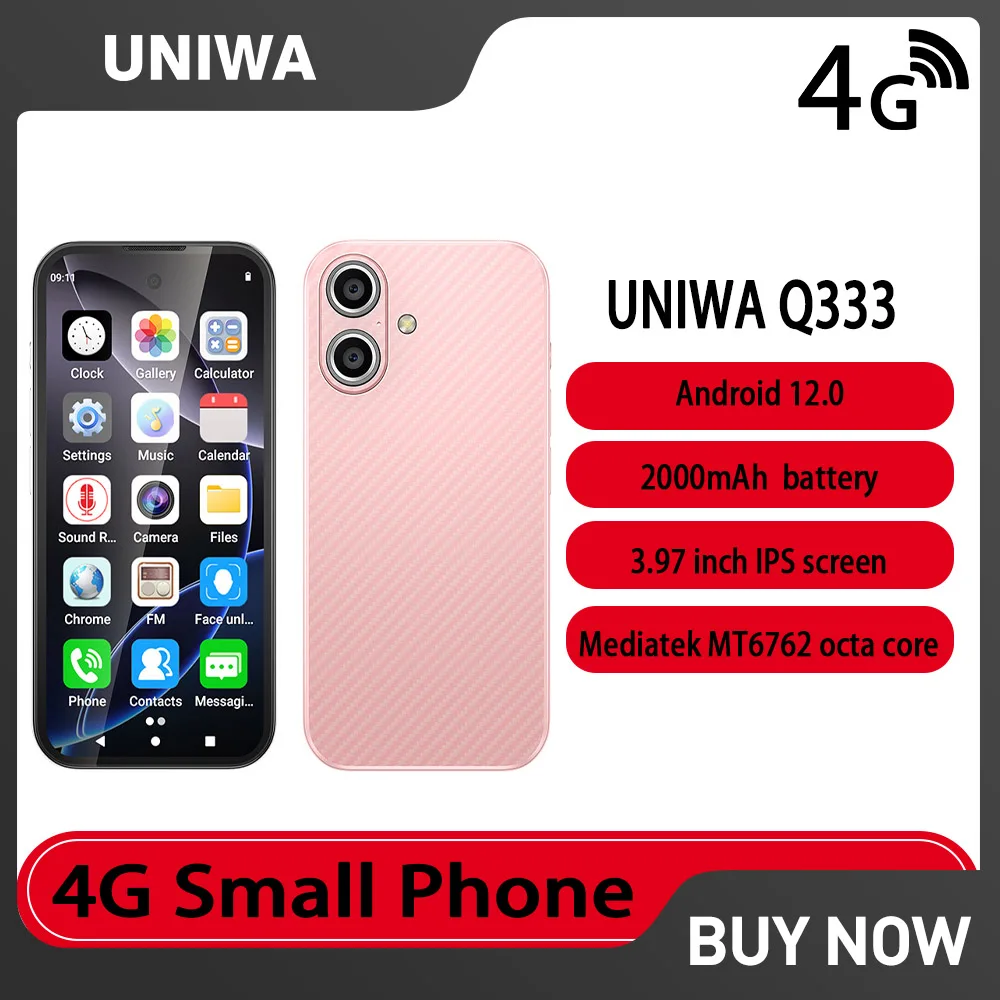 UNIWA Q333 4G 3.97 “ HD Mini Pink Smartphone 4GB RAM 64GB ROM 2000mAh Mobile Phones BT5.0 Google Play Store Face ID Small Phone