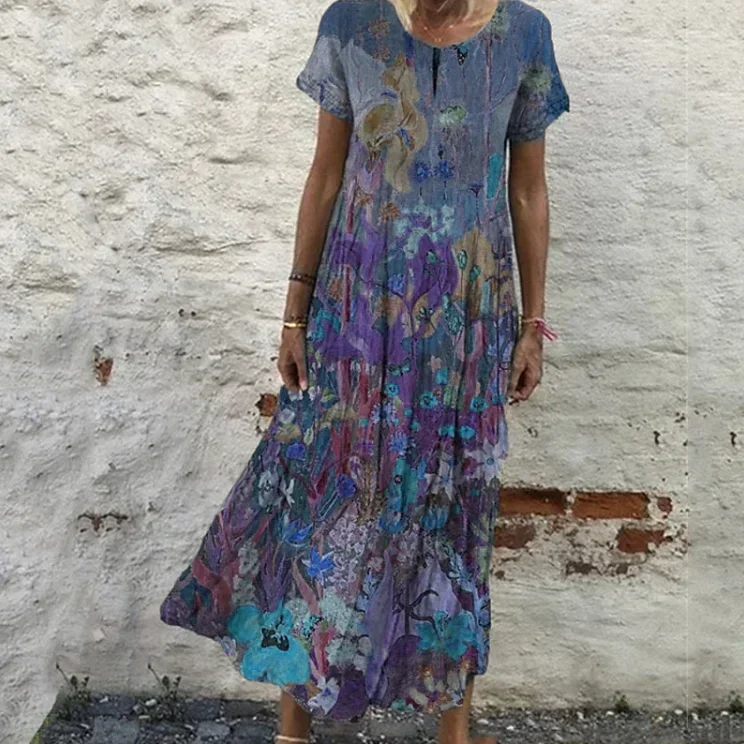 

Summer Bohemian Women Dress O-neck Elegant Long Dresses Female New Loose Fashion Casual Ladies Holiday Beach Clothes